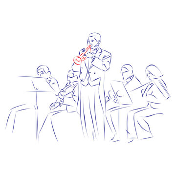Continuous line drawing of a trumpet player as soloist in an orchestra, isolated on white. Hand drawn, vector illustration