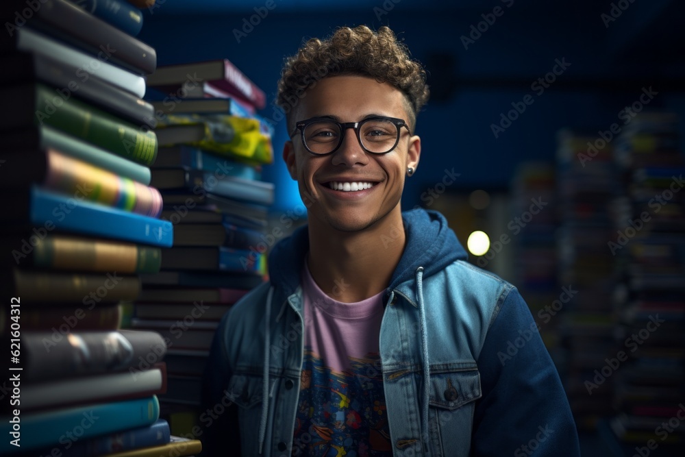 Wall mural Student on the background of books. Back To School concept. Backdrop with selective focus