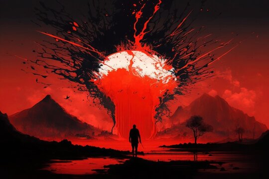 Volcanic eruption in a dark landscape with a silhouette of a man. Generative AI.