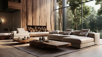 Luxury Elegant interior design of modern living room. Wooden paneling wall with sofa and live edge coffee table. Created with generative AI