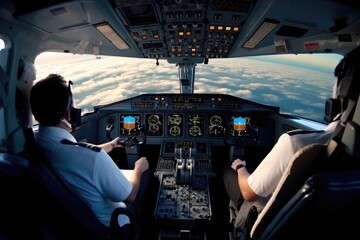 Pilots at work of modern passenger jet aircraft, Airplane cockpit.