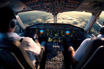 Pilots at work of modern passenger jet aircraft, Airplane cockpit. - obrazy, fototapety, plakaty