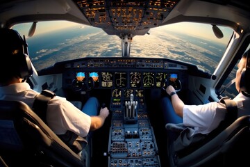 Pilots at work of modern passenger jet aircraft, Airplane cockpit. - obrazy, fototapety, plakaty