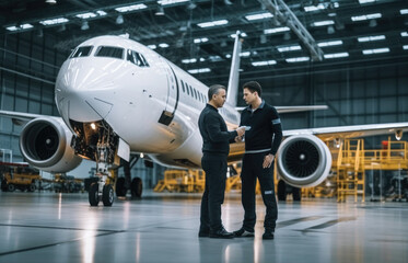 Aircraft Maintenance Worker and Engineer having Conversation in a plane hangar.