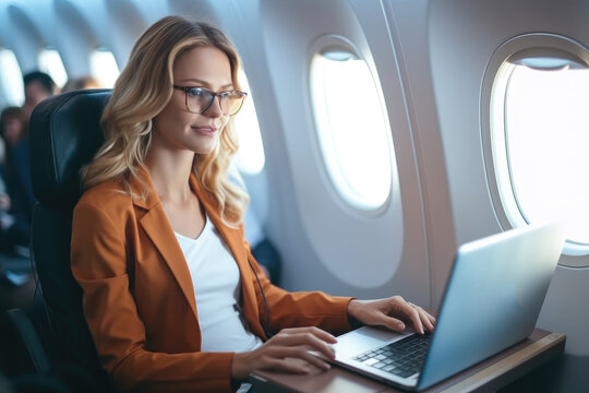 Pretty young business woman working on laptop computer while sitting in airplane, Traveling and technology.