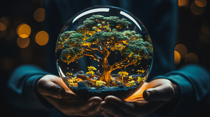 A tree in a transparent glass ball in the hands of a man. Environmental Protection. Ecology.