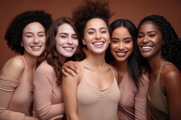 Obraz premium portrait and women with diversity and beauty, Skincare, Diversity and women hug portrait for inclusivity, happiness and healthy skin texture, Interracial beauty and model group.