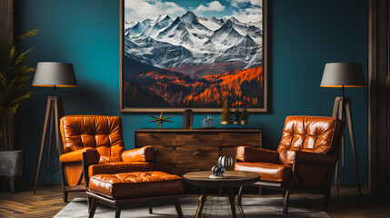 Stylish room with brown armchairs. A coffee corner with a large painting on the wall. Retro style room. Generative AI