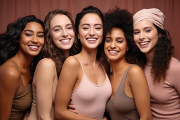Obraz premium portrait and women with diversity and beauty, Skincare, Diversity and women hug portrait for inclusivity, happiness and healthy skin texture, Interracial beauty and model group.