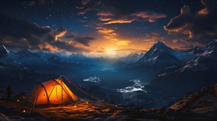 Illuminated tent at sunset on a high mountain peak with shooting stars in the background. Generative AI