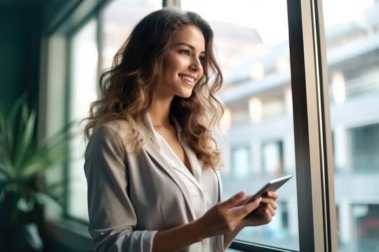 Beautiful business woman using a digital tablet while standing in front of windows.