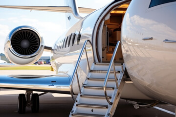 Ladder in a private jet, Business private jet airplane parked at terminal, Luxury tourism and business travel transportation concept.