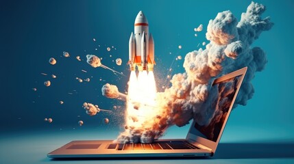 Rocket coming out of laptop screen, Rocket Spaceship, Blue background.