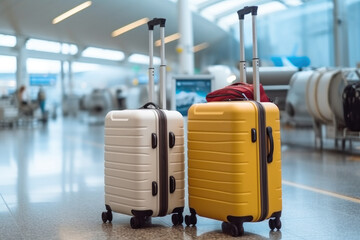 Two suitcases in empty airport hall, Vacation concept, Advertisement banner for air travels and flight bookings.