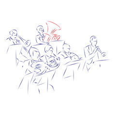 Continuous line drawing of the brass section in orchestra, isolated on white. Hand drawn, vector illustration