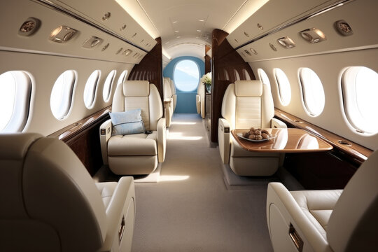 Interior of expensive private jet airline service for executive vacation, Luxury Private Airplane Jet.