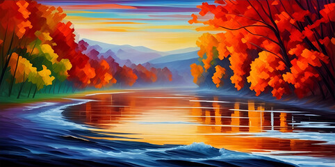 Fall lake landscape. AI generated illustration
