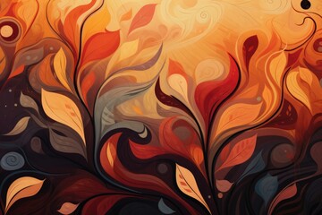 Autumn inspired abstract patterns and shapes. Modern autumn pattern with different leaves and trees in seasonal colors. Minimalistic style wallpaper with autumn element