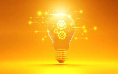 Golden glow bulbs with gears. concept of business creative innovation, Symbol of excellent strategic planning, and systematic thought process. 3D rendering