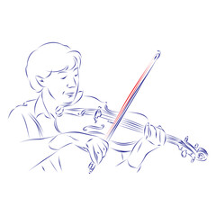 Continuous line drawing of a musician playing a modern viola, isolated on white. Hand drawn, vector illustration
