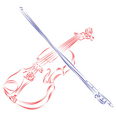 Continuous line drawing of a modern viola with bow, isolated on white. Hand drawn, vector illustration