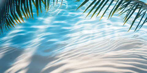 Fototapeta na wymiar palm leaf shadow on abstract white sand beach Background, sun lights on water surface, beautiful abstract background concept banner for summer vacation at the beach