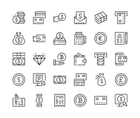 Payment icons. Vector line icons set. Money, cash, wallet, pay, financial concepts. Black outline stroke symbols