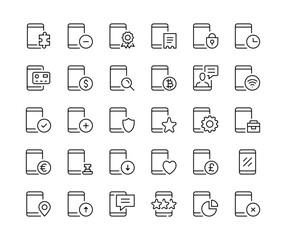 Mobile phone icons. Vector line icons set. Smartphone, cellphone, telephone, mobile apps, smart phone concepts. Black outline stroke symbols
