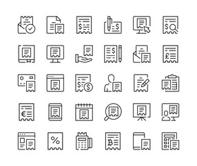 Receipt icons. Vector line icons set. Finance, payment, invoice, check, financial bill concepts. Black outline stroke symbols