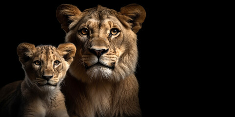 Plakat Portrait of a lioness and her cub together next to each other, close-up and on an isolated black background. Generative AI