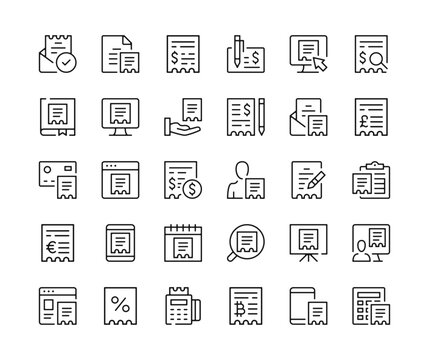 Receipt Icons. Vector Line Icons Set. Finance, Payment, Invoice, Check, Financial Bill Concepts. Black Outline Stroke Symbols