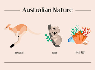 Set of illustrations with Australian animals and coral reef - obrazy, fototapety, plakaty