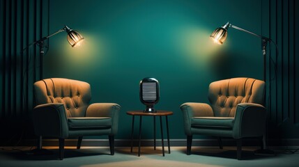 A dark-style room with two chairs and microphones for podcasts or interviews. Generative AI
