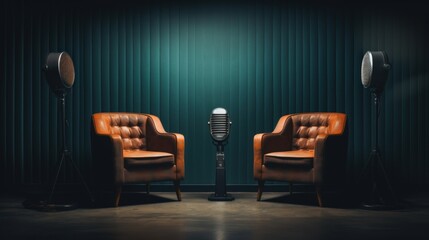 A dark-style room with two chairs and microphones for podcasts or interviews. Generative AI