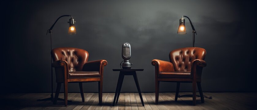 A dark-style room with two chairs and microphones for podcasts or interviews. Generative AI