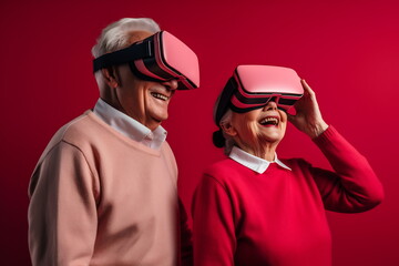 Senior mature couple having fun with virtual reality glasses. Old people using new headset goggles trends technology