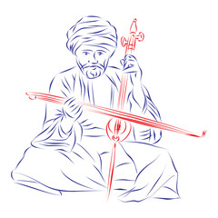 Continuous line drawing of a man playing a rebab, isolated on white. Hand drawn, vector illustration