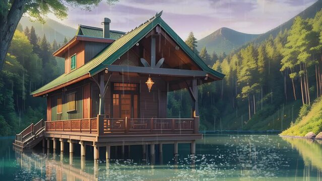 beautiful wooden fantasy house over the lake on a rainy day. Cartoon or anime watercolor painting illustration style. seamless looping virtual video animation background.