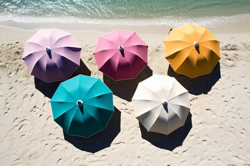 Aerial view of sandy beach with colorful umbrellas with transparent blue water in summer. Top view