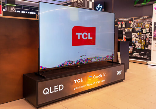 TV brand TCL, large size 98 inches sold in an electronics store. Minsk, Belarus, 2023