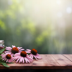 Echinacea flower backgrounds with empty wooden table. Generated AI - obrazy, fototapety, plakaty