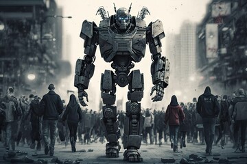 A giant robot on the streets of the gloomy city