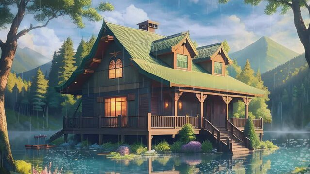 beautiful wooden house over the lake on a rainy day. Cartoon or anime watercolor painting illustration style. seamless looping virtual video animation background.