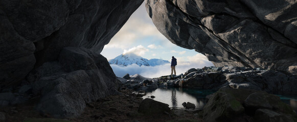 Adventurous Man Standing in cave on top of Mountain. Extreme Adventure Composite