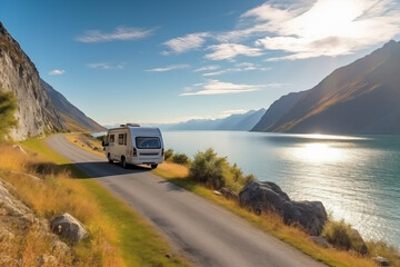 Camper van motor home on the landscape with mountains and lake. Car traveling illustration. Freedom vacation travel. Caravan design concept.
