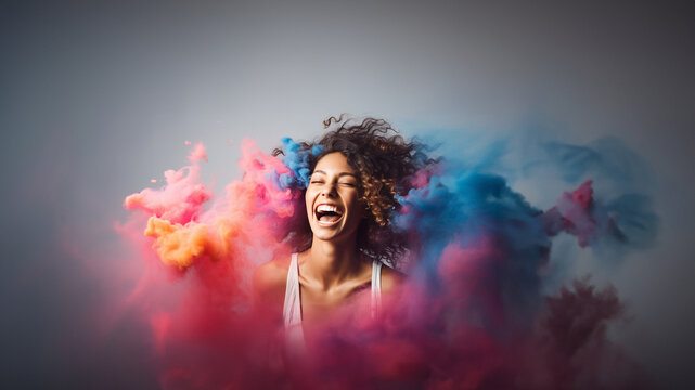 Lachende schöne Frau mit Holi Farben Explosion Poster Porträt, ai generativ