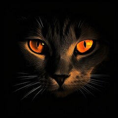  a close up of a cat's face with glowing orange eyes and whiskers on it's face, in the dark.  generative ai