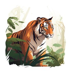  a tiger walking through a jungle filled with green plants and leaves on a white background with a white border around the edges of the image.  generative ai