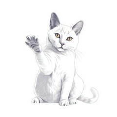  a drawing of a white cat sitting on its hind legs with its paw up in the air and a paw raised up in the air.  generative ai