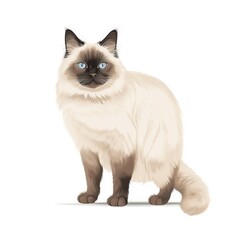  a white cat with blue eyes is standing on a white background and looking at the camera with a serious look on its face and tail.  generative ai